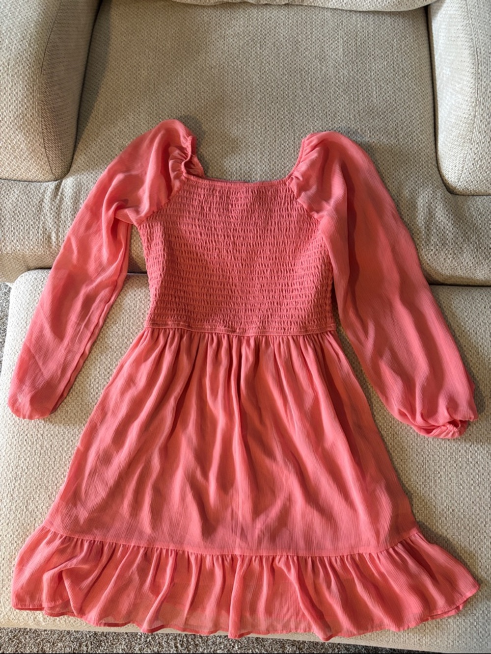 Girls Coral Pink Smocked Bodice Long Sleeve Dress